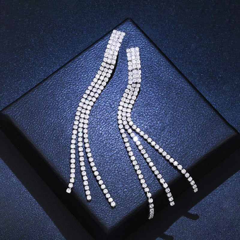 YOQUCOL Cubic Zirconia Crystal Long Drop Dangle Tassel Clip On Earrings CZ Not Pierced For Women - Image 5